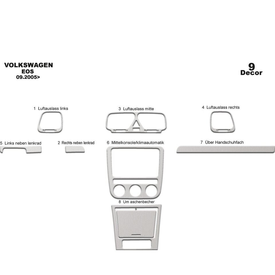 Aluminum Color Dash Trim Kit 9 pcs for Volkswagen Eos 2005-2010 Interior Panel