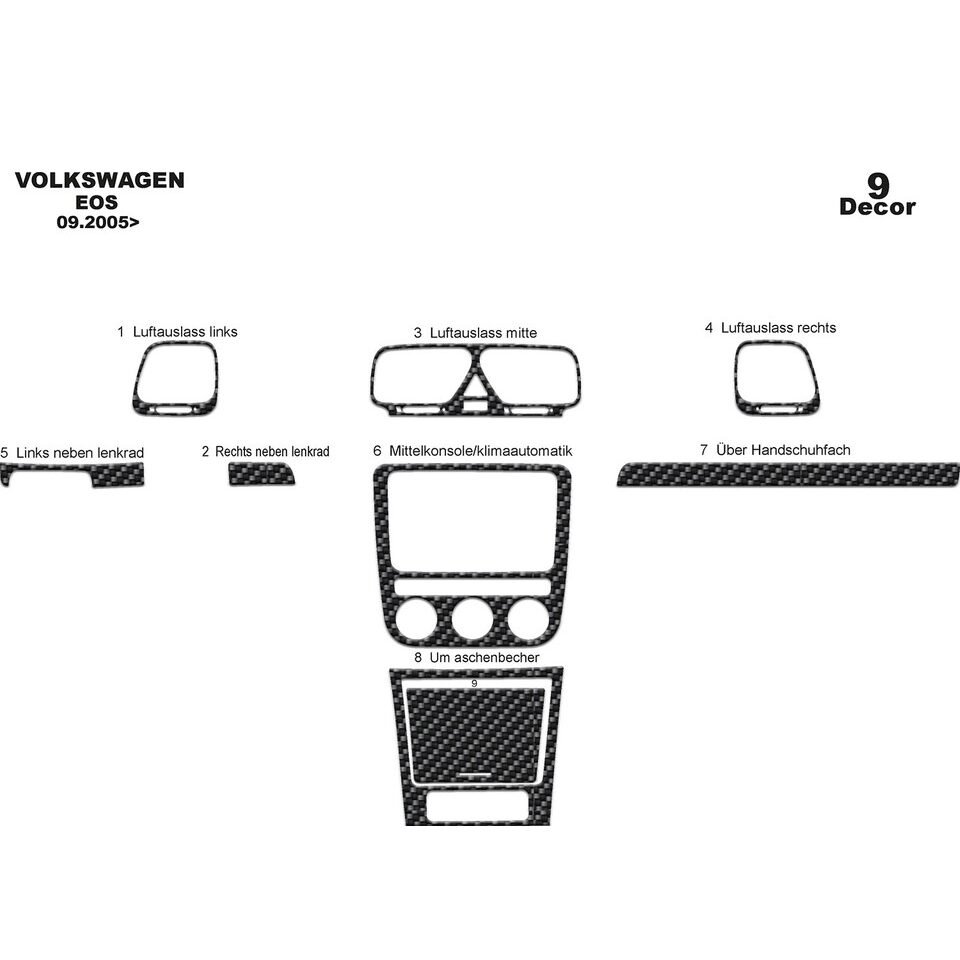 Carbon Fiber Look Dash Trim Kit pcs 9 for Volkswagen Eos 2005-2010 Interior Panel