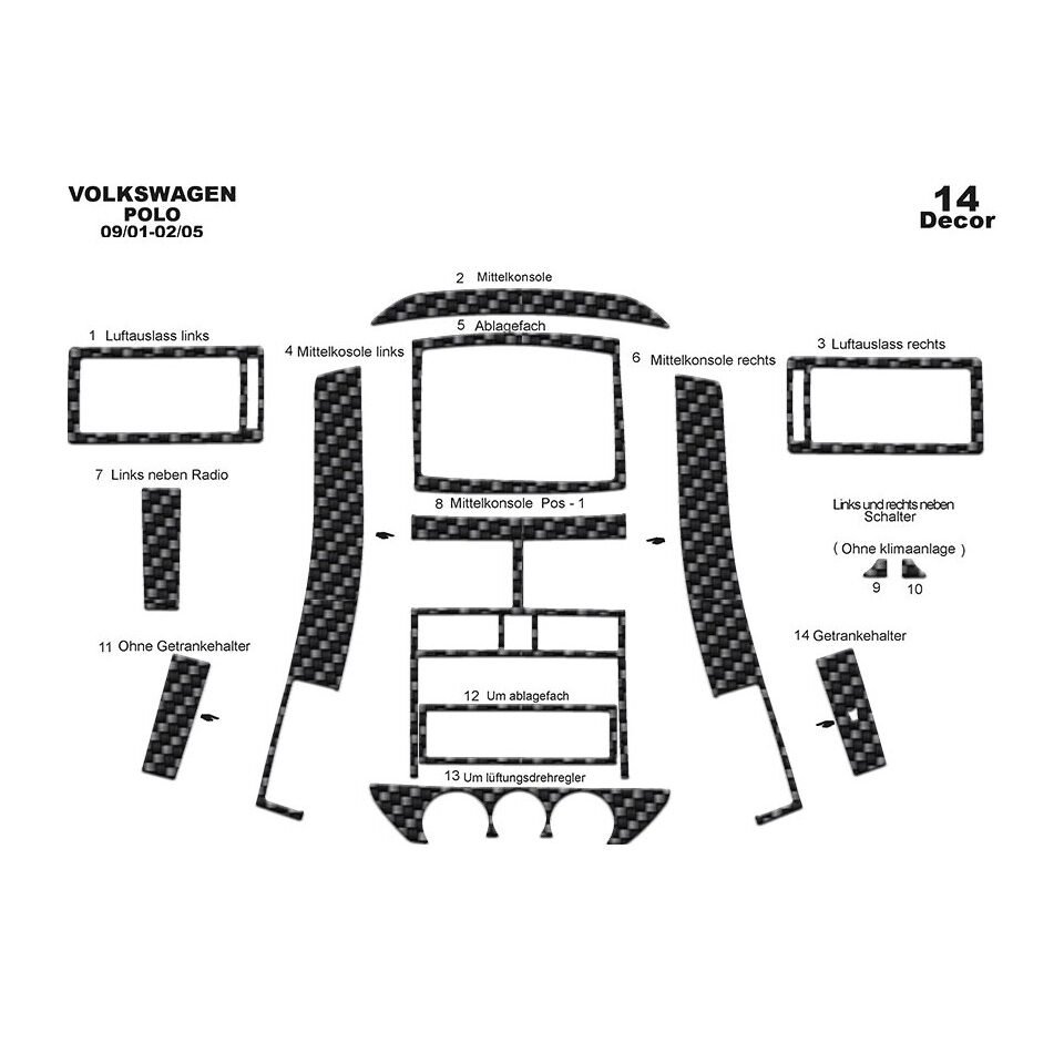 Carbon Fiber Look Dash Trim Kit Volkswagen Polo 2001-2005 pcs 14 Interior Panel