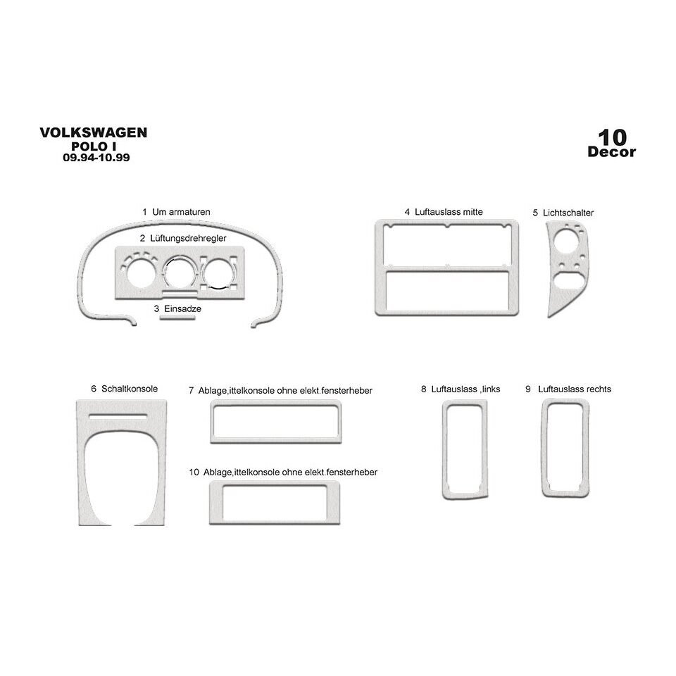 Aluminum Color Dash Trim Kit for Volkswagen Polo 1994-1999 pcs 10 Interior Panel