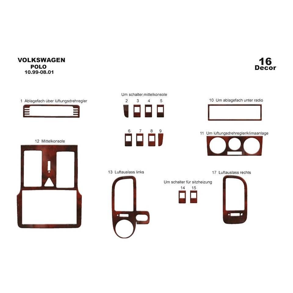 Volkswagen Polo 1999-2001 Fit Interior Dash Trim Cover Kit Wood Interior Panel