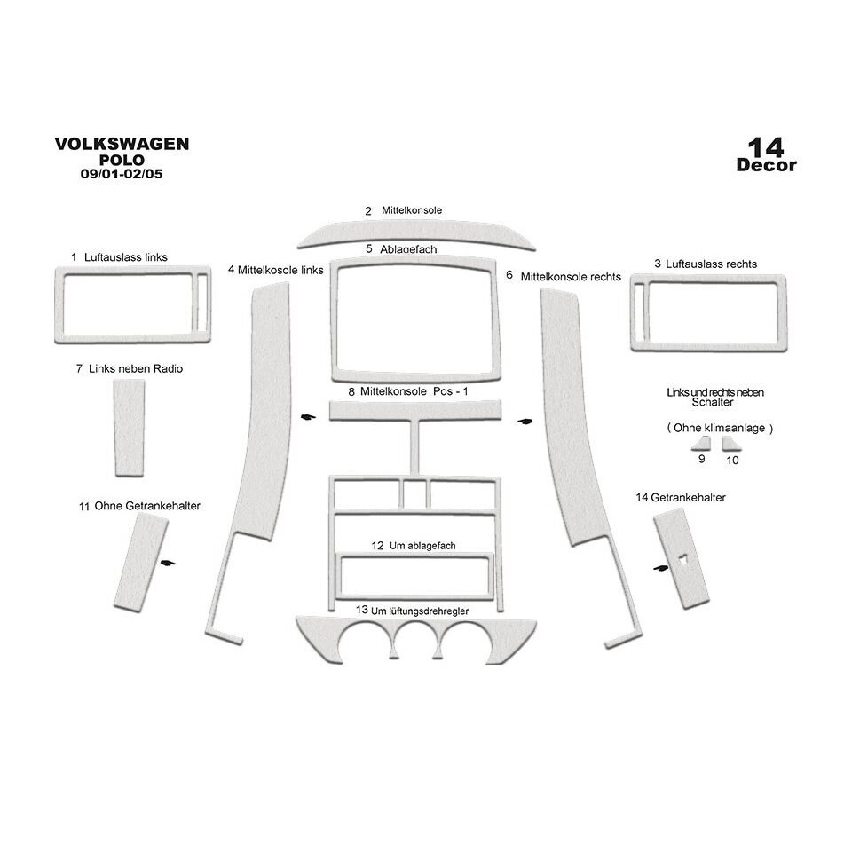 Aluminum Color Dash Trim Kit for Volkswagen Polo 2001-2005 pcs 14 Interior Panel