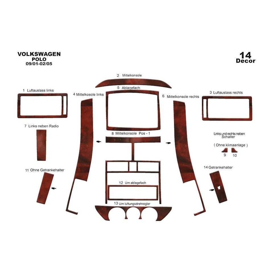 Volkswagen Polo 2001-2005 pcs 14 Fit Interior Dash Trim Cover Kit Wood Interior Panel
