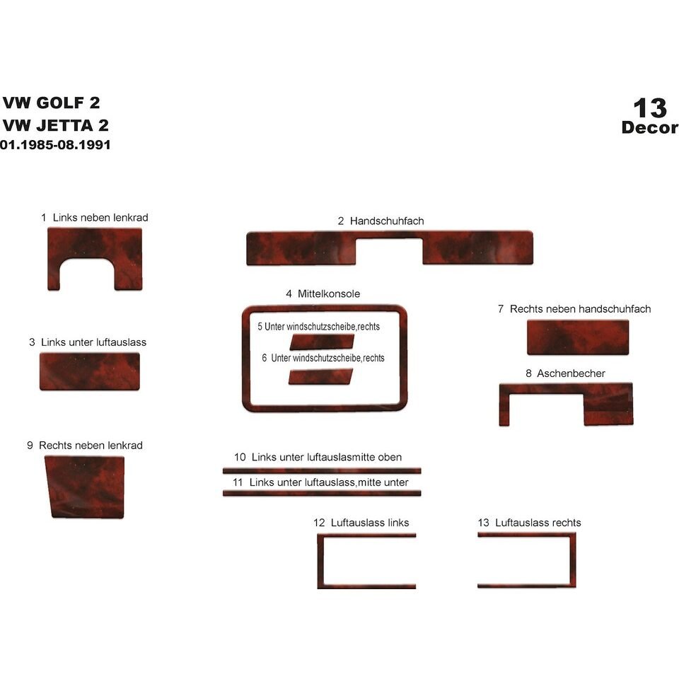 VW Golf II / Jetta 1985-1991 pcs 13 Fit Interior Dash Trim Cover Kit Wood