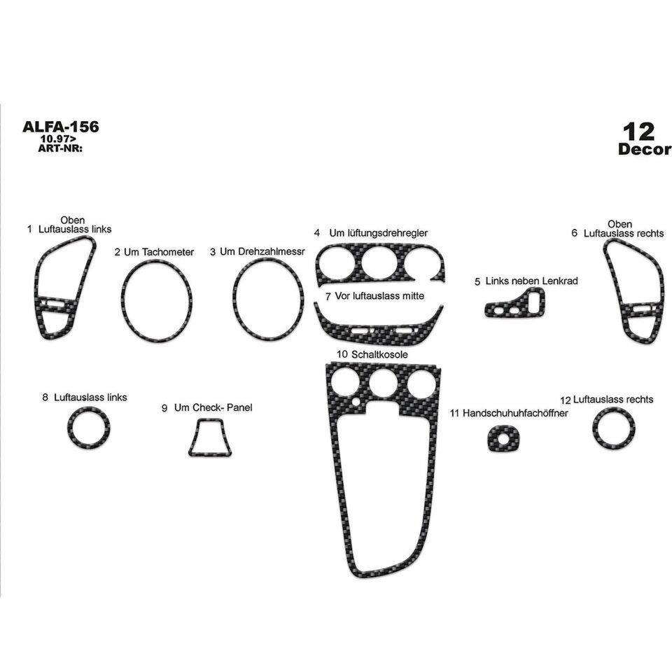 Carbon Fiber Look Dash Trim Kit for Alfa 156 1997 > pcs 12 Maun Kaplama