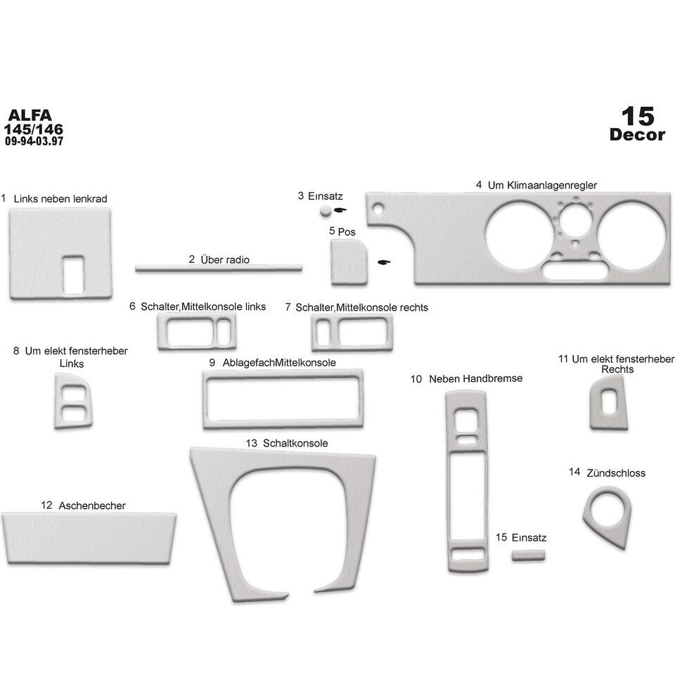 Alfa 145 / 146 1994-1997 pcs 15 Fit Interior Dash Trim Cover Kit Wood