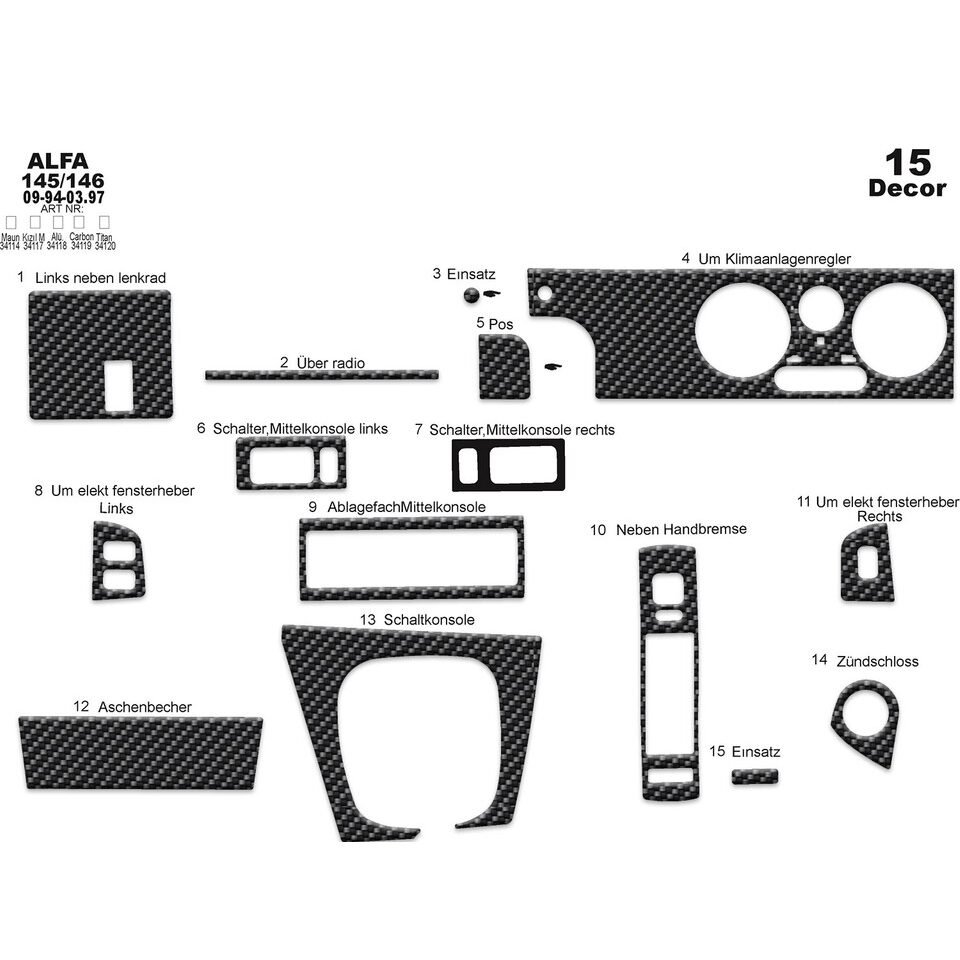 Alfa 145 / 146 1994-1997 pcs 15 Fit Interior Dash Trim Cover Kit Wood