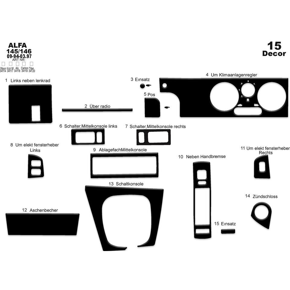 Alfa 145 / 146 1994-1997 pcs 15 Fit Interior Dash Trim Cover Kit Wood