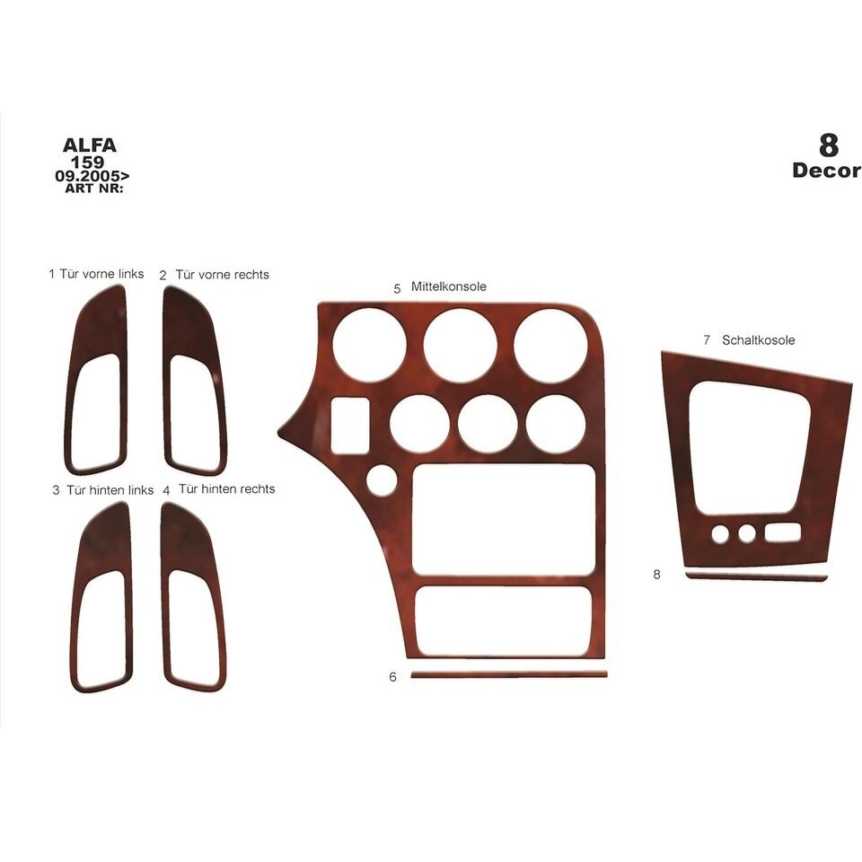 Wood Look Dash Trim Kit for Alfa 159 2005> pcs 8 Maun Kaplama