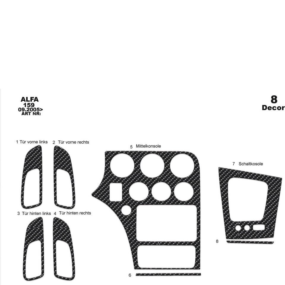 Wood Look Dash Trim Kit for Alfa 159 2005> pcs 8 Maun Kaplama