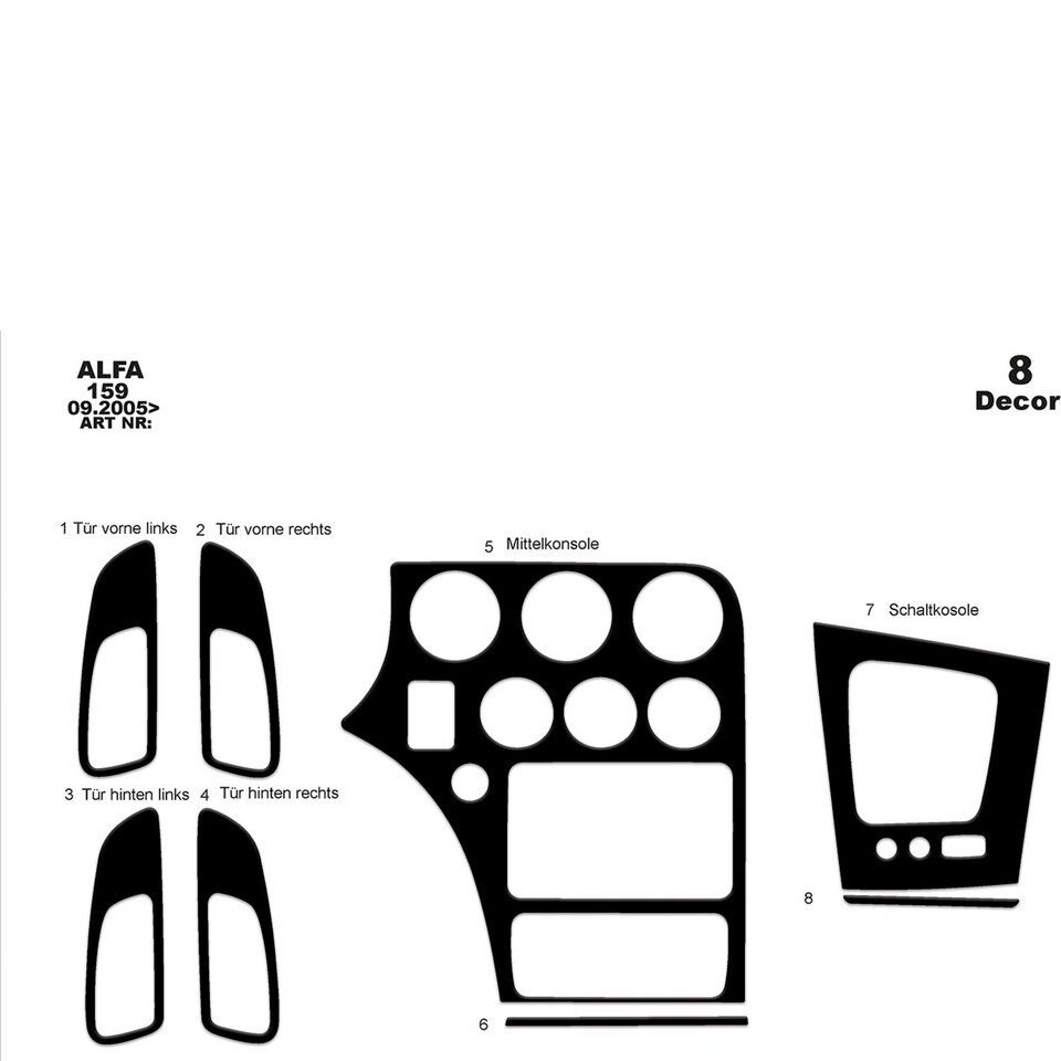 Wood Look Dash Trim Kit for Alfa 159 2005> pcs 8 Maun Kaplama